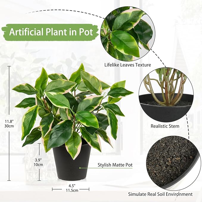 Oairse Artificial Plants Indoor Small Fake Plants in Pots Faux Pothos N‘ Joy Potted Plant Fake Indoor Plants with Black Pots for Bathroom Living Room Office Desk Shelves