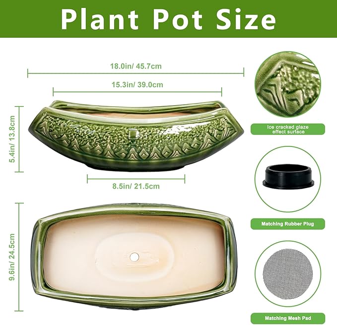 Teagas Bonsai Planter 18 Inch - Large Ceramic Succulent Pots with Drainage Hole, Bonsai Pots for Indoor Outdoor Plant, Ceramic Flower Pot, Decorative Plant Pot, Garden Decor, Housewarming Gift, Green