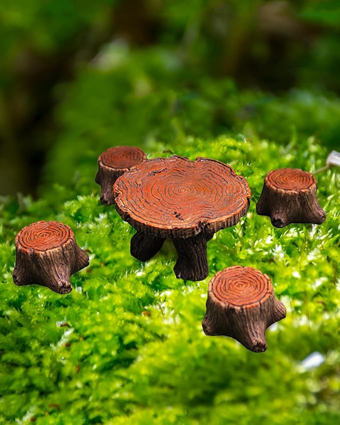 Inkaove Miniature Garden Furniture Resin Table Chairs Figurines, Fairy Garden Accessories Furniture Outdoor Stumps Ornaments Kit, Micro Landscape Garden Ornament for Outdoor Indoor Landscape Decor
