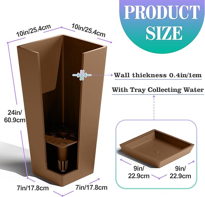 TUYOHW 24 Inch Tall Tapered Square Planters (Set of 2) - Indoor Outdoor Large Flower Pots with Built-in Drainage & Matching Water Tray for Patio, Garden, Home - Brown