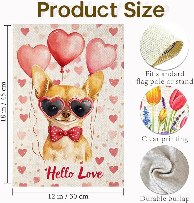 Valentine's Day Chihuahua Hello Love Garden Flag, House Yard Plaid Love Heart Outside Decoration, Spring Holiday Wedding Anniversary Outdoor Small Decor 12x18(12642)