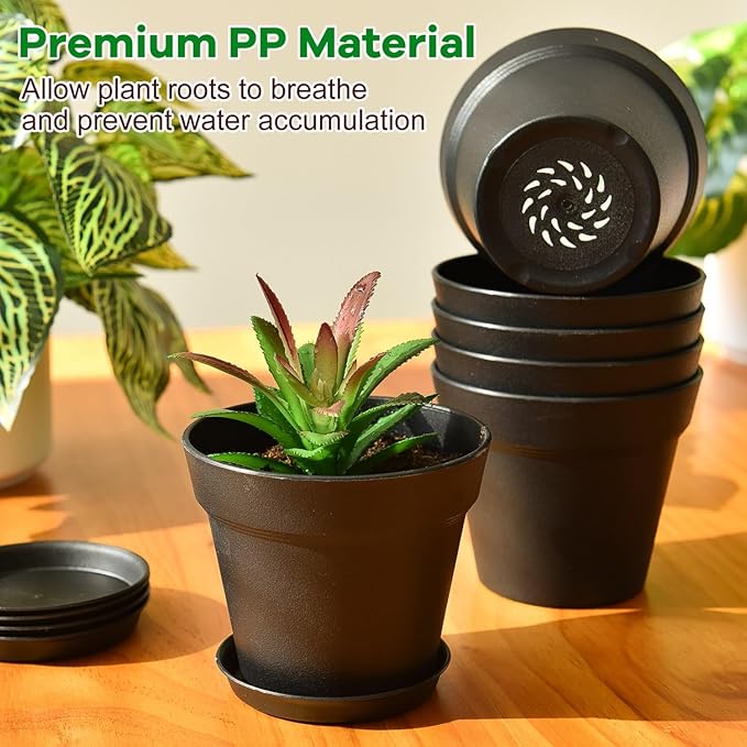June Fox 60 Pack Small Plant Pots Indoor 4 Inch Plastic Planter with Drainage Holes and Saucers Premium Black Pots for Plants Bulk for Succulent, African Violets, Flowers, Seed Starting