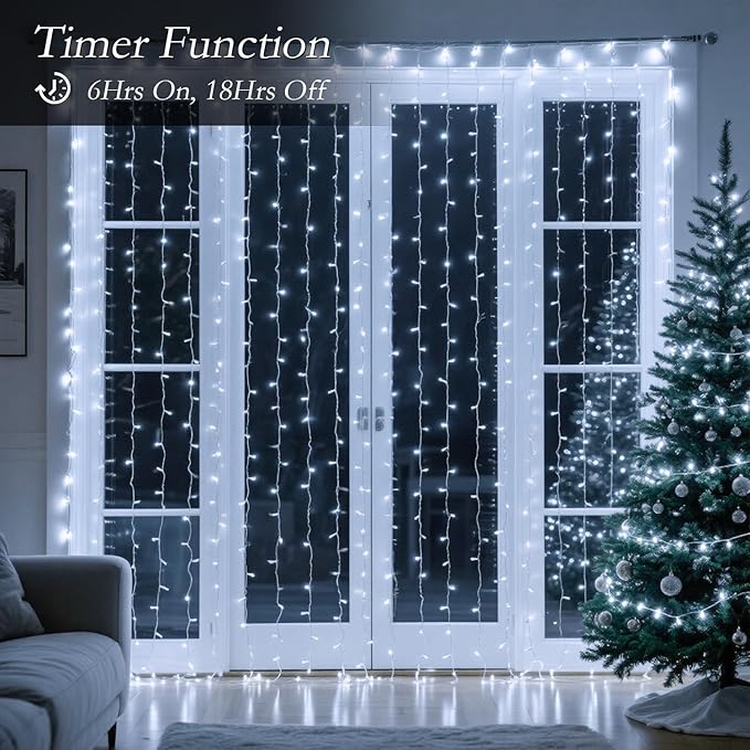 300 LED Curtain String Lights 9.8FT Plug in Fairy Lights with Timer and 8 Modes, Waterproof Window Wall Lights for Bedroom Wedding Party Indoor Outdoor Christmas Decor