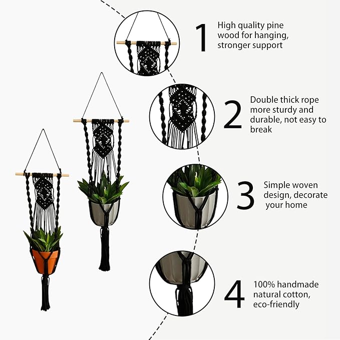 Artilady Black Plant Hanger Macrame Hanging Planter for Indoor Boho Plants Holder with Hooks Hanging Plant Basket Outdoor Window Wall Plants Home Decor (Black Wood Hanger)