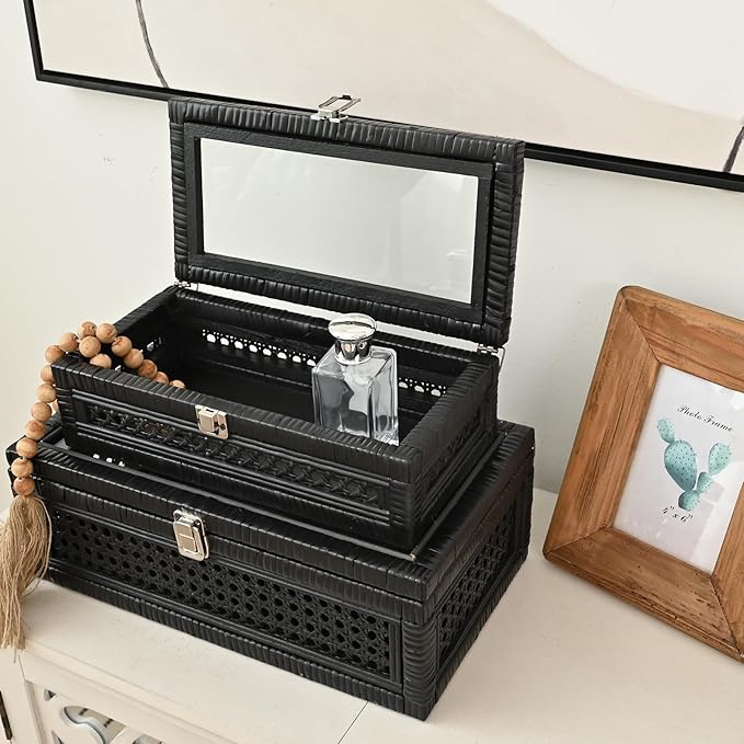 Cane and Rattan Decorative Storage Boxes with Lids - Elegant Set of 2, Stacking Boxes with Glass Top, Handcrafted Rustic Charm for Home Organization (Black, 14.1"x8.2"x5.1")
