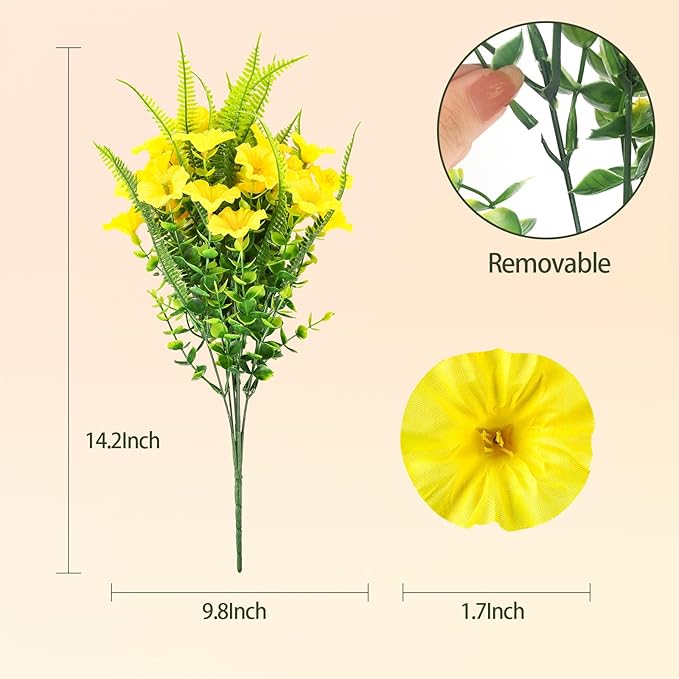 HIAGROW Artificial Flowers Outdoors 12 Bundles Yellow Artificial Petunias Fake Flowers UV Resistant Shrubs Plants with Fern for Indoor Outside Hanging Planters Home Garden Summer Decorations