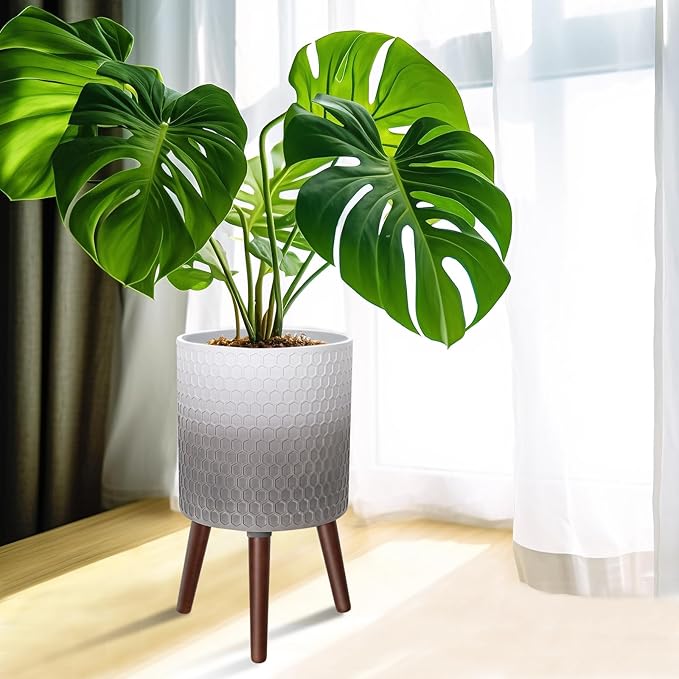 Opnons 12 Inches Indoor Plant Pot with Walnut Color Stand Honeycomb Embossed Flower Pot with Drainage Holes Large Modern Planters for Indoor Plants-Gradient White Gray