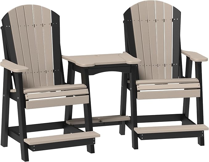 LuxCraft Poly Tete-a-Tete Patio Table and Counter Height Balcony Chairs with Umbrella Hole, Weatherproof Outdoor Patio Furniture Set for Outside - Amish Made in USA (Weatherwood & Black)