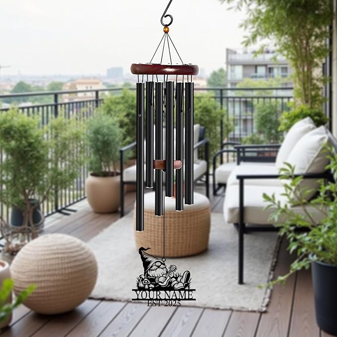 Personalized Customize Name Gnome Wind Chime, Metal Iron 37 Inch Outdoor Memorial Gift for Garden Yard Patio Home Decor, Black，Christmas (Style B)