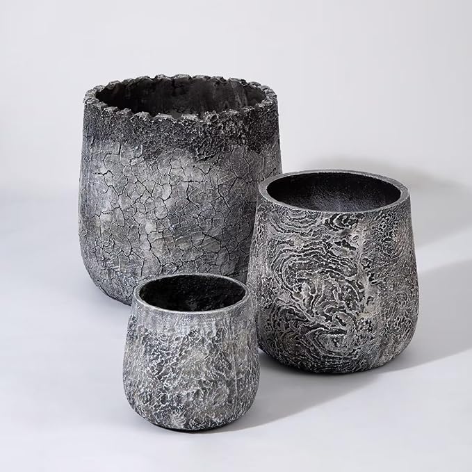 ShangDemonMaster Craft flowerpots 18"+13"+9" Dia Round Concrete Planter Set of 3 Large Outdoor/Indoor Planter Pots Containers with Drainage Holes and Rubber Plug for Home Garden (Dark Gray, Large)