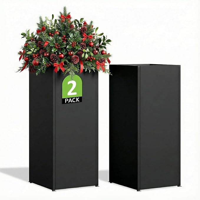 LAHAAP Set of 2 Planter Box Outdoor 30"H x 14.4"W x 13.6"D- Tall Planters for Outdoor Patio/Porch, All-Weather with Anti-dumping Kit, Durable Galvanized Steel, Modern Design for Plants, Flower, Garden