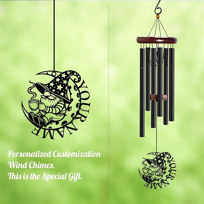 Personalized Customize Name Gnome Wind Chime, Metal Iron 37 Inch Outdoor Memorial Gift for Garden Yard Patio Home Decor, Black，Christmas (Style H)