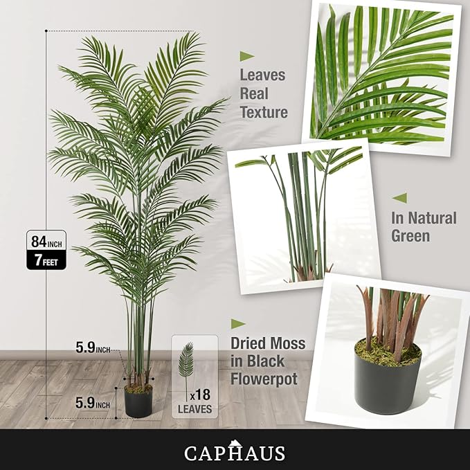 CAPHAUS 7FT Artificial Palm Tree Potted, Realistic Fake Palm Plant for Indoor & Outdoor, UV Resistant Low Maintenance Faux Tree for Home Office, Living Room, Covered Patio Decor
