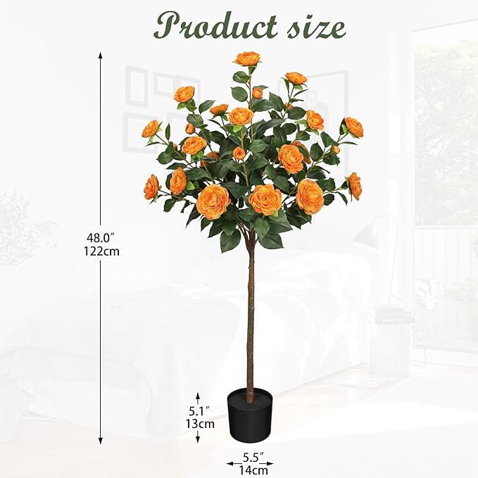 4ft Artificial Camellia Tree Fake Camellia Plant with Orange Flowers Faux Floral Plant Blooming Tree in Black Pot for Indoor Outdoor Office Home Front Door Porch Decor (2 Pack - Orange)