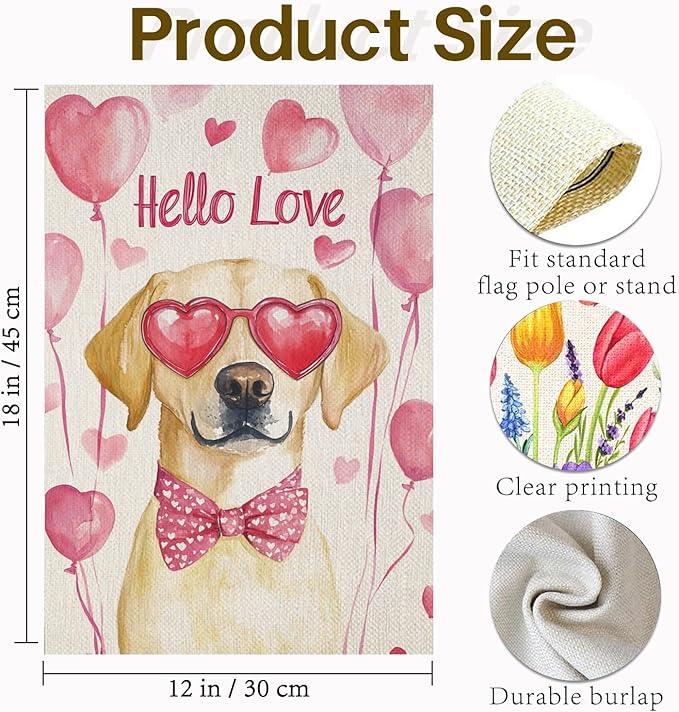 Valentine's Day Labrador Retriever Hello Love Garden Flag, House Yard Plaid Love Heart Outside Decoration, Spring Holiday Wedding Anniversary Outdoor Small Decor 12x18(12631)