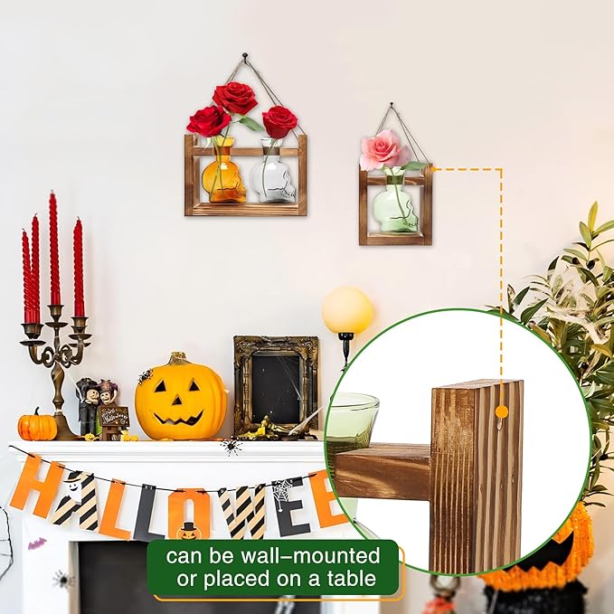 2+1 Plant Terrarium Plant Propagation Station Gifts for Father Halloween Skull Home Office Decor with Wooden Stand