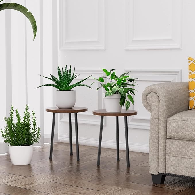 SAKSUN Plant Stand Indoor 14'': Indoor Plant Stand 2 Pack Metal Plant Table - Wood Plant Stool Outdoor Small Round Side End Table Mid Century Modern Decor - Home Decor