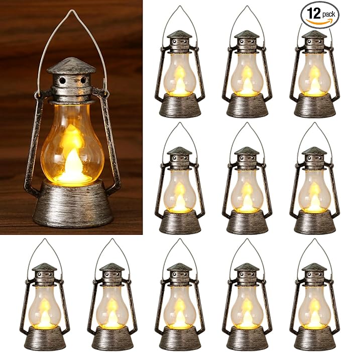 12Pcs LED Mini Vintage Lanterns Decor Indoor Decorative Outdoor Hanging Lantern Decorative Small Candle Lanterns Farmhouse Decor for Wedding Centerpiece,Halloween,Christmas,Farmhouse Decorative