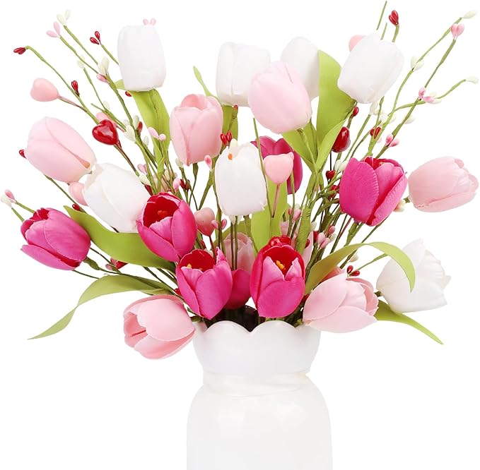4Pcs Artificial Tulips Twigs Mother's Day Decorations Pink Tulip Berry Stems for Easter Day Anniversary Flower Bouquets Wedding Home Decor