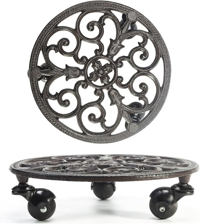 Sungmor Heavy Duty Cast Iron Plant Caddy, Set of 2 & 11 Inch Round Potted Plant Stand Flower Pot Rack on 3 Solid Wheels, Indoor Outdoor Planter Holder Trolley Casters Rolling Tray