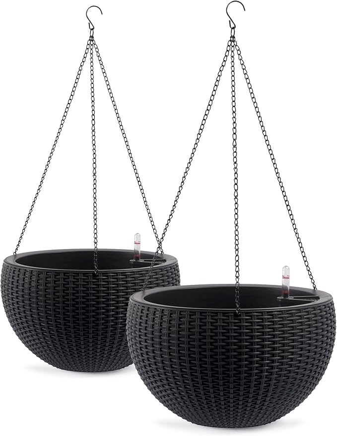 Vigo huseeo 13.5 inch 2Pack Large Hanging Planters for Outdoor/Indoor Plants, Self Watering Hanging Pot with Water Level Indicato, Drainage Holes and Chain for Garden Porch, Black