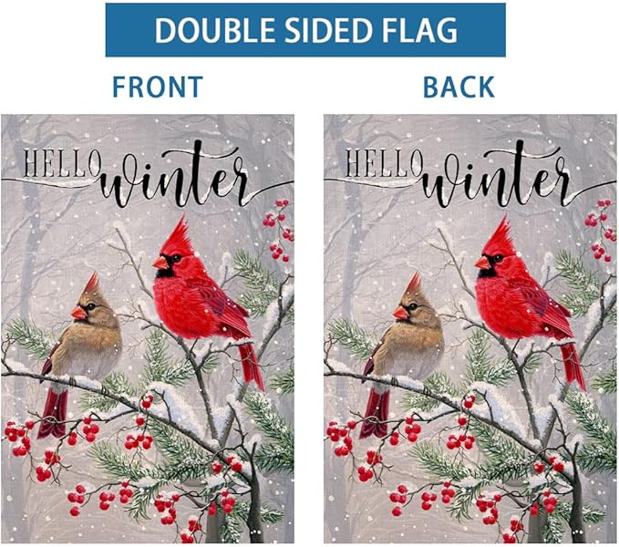 BLKWHT Winter Cardinal Bird Garden Flag 12x18 Vertical Double Sided Farmhouse Trees Snow Christmas Holiday Outside Decorations Burlap Yard Flag BW233