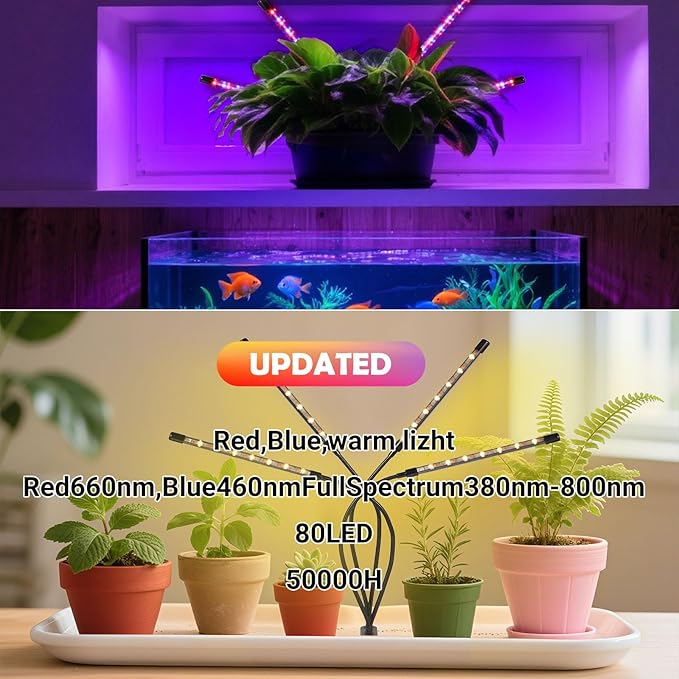 Grow Lights for Indoor Plants,80 LED Plant Lights with Full Spectrum & Red Blue Spectrum, 10 Dimmable Level, 3/9/12H Timer,3 Switch Modes, Adjustable Gooseneck,4 Heads Clip-On