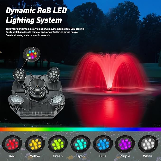 Premium LED Pond Fountain with RGB Lighting System, Stainless Steel Rotor, All-Copper Motor, Remote Control, Dynamic Color Changing, for Garden Ponds (without light)