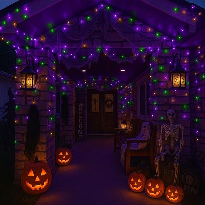 LAMPHOME Halloween Fairy Lights Plug in, 33Ft 100 LEDs Waterproof Twinkle Firefly Lights, Adaptor Included, Starry String Lights for Wedding Indoor Outdoor Christmas Patio Garden, Orange Purple Green