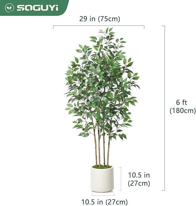 SOGUYI Ficus Artificial Tree 6ft Fake Silk Plant for Home Decor Indoor, Faux Floor Tree in White Imitation Ceramic Planter with Green Fake Moss for Home Office Corner Indoor Decor, Set of 1