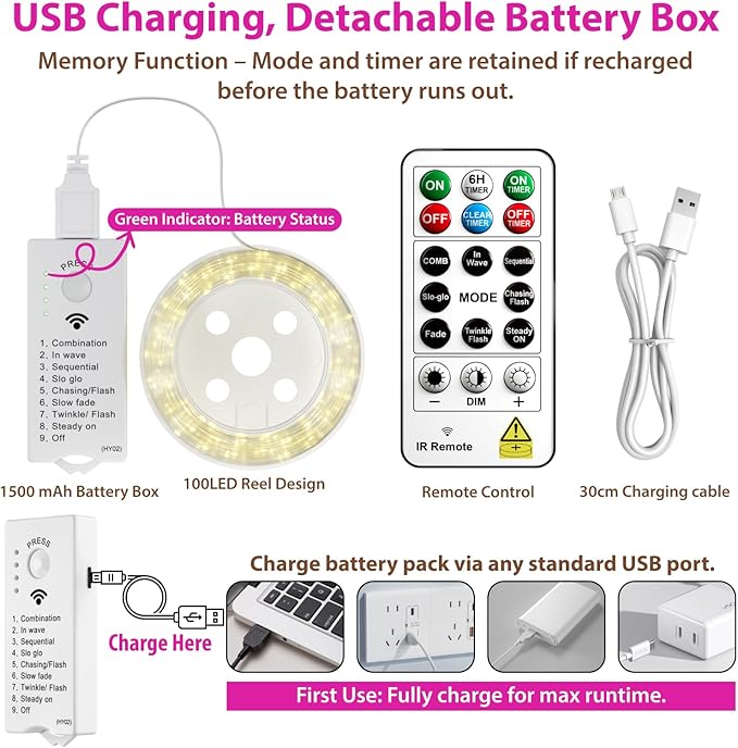 HXWEIYE Rechargeable Fairy Lights with Remote & DIY Timer, 33ft 100LED Battery Operated Twinkle String Lights, 8 Modes Decor Light for Bedroom Indoor Wedding Dorm Christmas Tree Party (Pink)