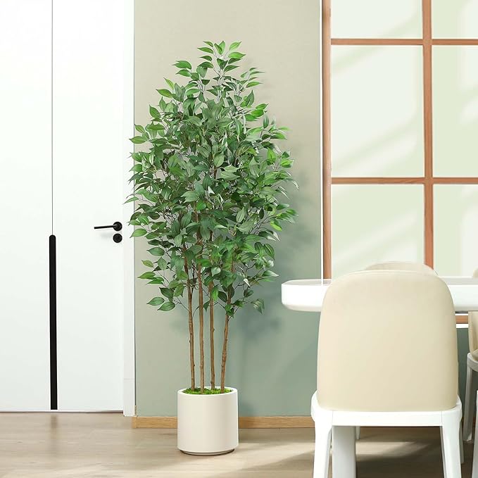 SOGUYI Ficus Artificial Tree 6ft Fake Silk Plant for Home Decor Indoor, Faux Floor Tree in White Imitation Ceramic Planter with Green Fake Moss for Home Office Corner Indoor Decor, Set of 1