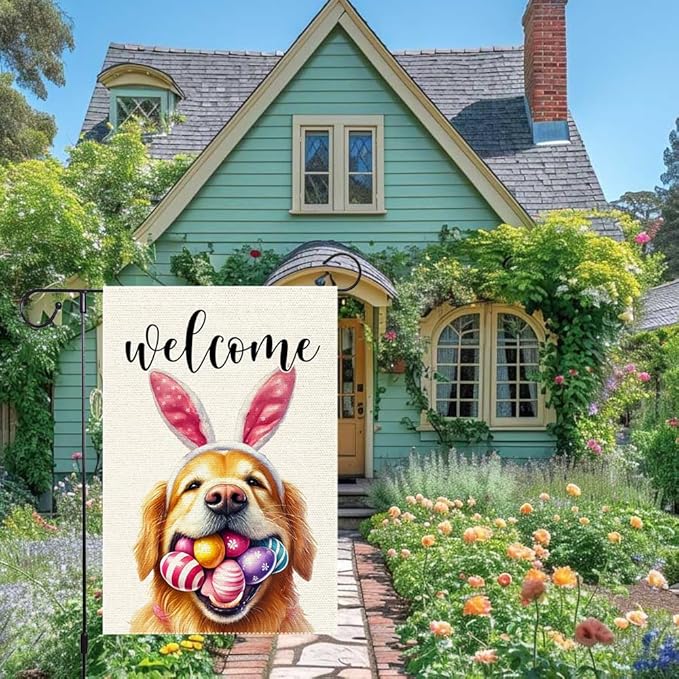 Welcome Easter Garden Flag Dog Spring Seasonal Eggs Sign Yard Holiday Outdoor 12x18 Inch Small Burlap Double Sided flags Decorations