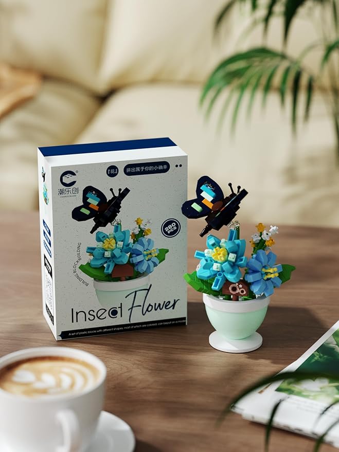 Sacblirr Mini Flower Bonsai with Cute Insects Blue Rosa Butterfly - DIY Potted Plant Building Blocks for Kids and Adults, Botanical Collection Decor Toy