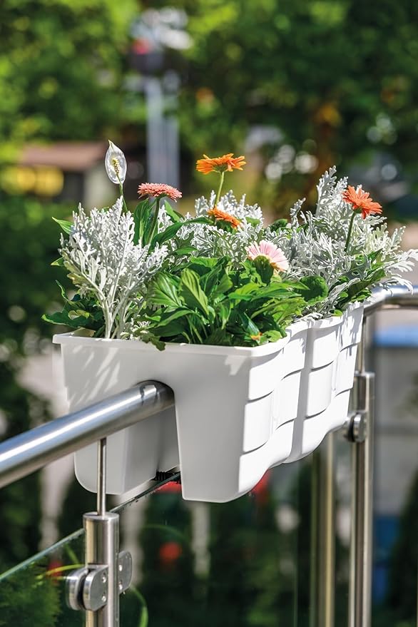 Ridge Rail Long Rectangular Flower Pot, Indoor/Outdoor Hanging Rail Planter Lightweight & Weatherproof Flower Box - Balcony Planters for Railing and Fence Patio, Deck 2 Pack (White)