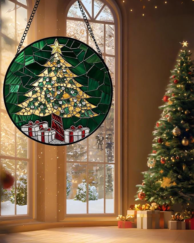 HWRHTR Stained Glass Window Hanging -Gold Green Christmas Tree Suncatcher for Doors Home Christmas Decoration Winter Sun Catcher Thanksgiving New Year Birthday Gifts for Women Men Mom Nana 15 in