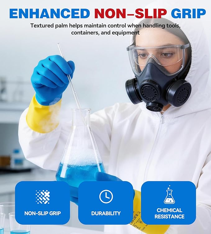 2 Pairs Neoprene and Rubber Blend Heavy-Duty Chemical Gloves, Protective industrial gloves for Resist Acid, Alkali, Hazmat, cleaning, dishwashing, Medium