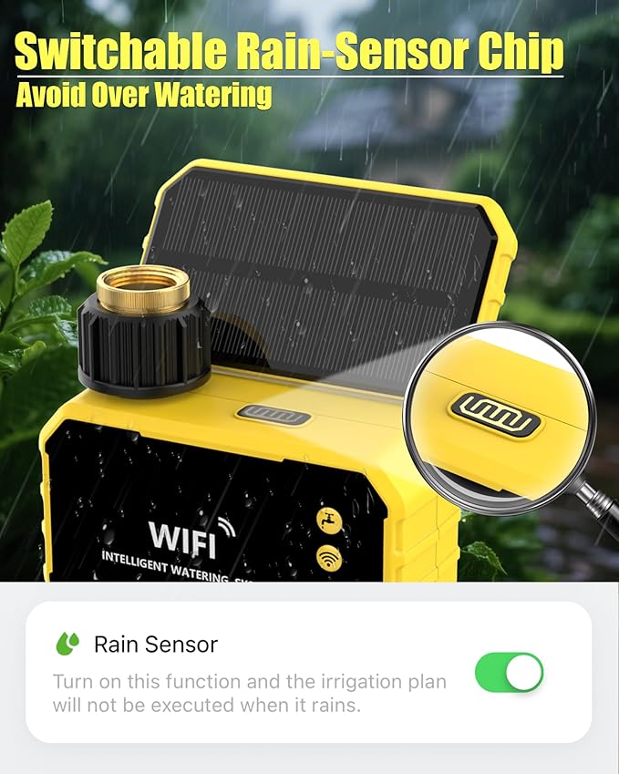 WiFi Sprinkler Timer with Brass Inlet, Smart Solar WiFi Water Timer for Garden Hose No Need Hub, Rain Delay/Auto/Manual Override, Alexa/Google Assistant Compatible, APP Remote Control via 2.4Ghz WiFi