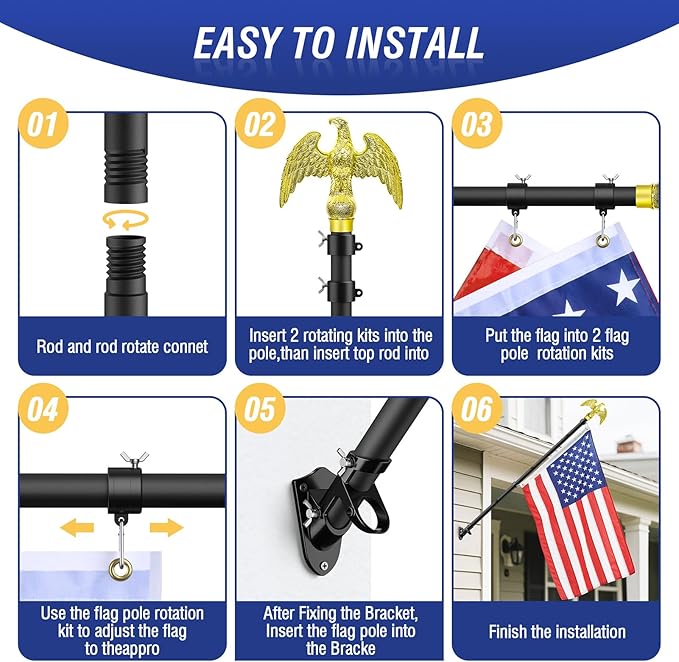 Flag Pole for Outside House, Outdoor Black Heavy Duty Porch 6 FT Flag Pole Kit, for Residential or Commerical, Tangle Free Flagpole (Include American 3 X 5 Flag, Wall Mount Holder, Eagle Shaped Head)