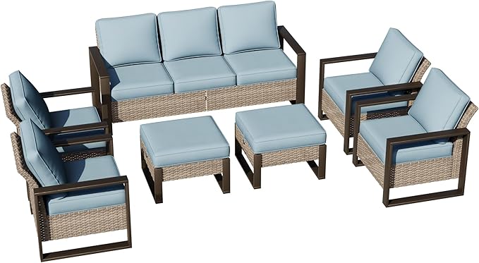 Joyside Outdoor Patio Chairs, 7 Pieces Wicker Rattan Furniture Set, 4 Patio Chairs, 1 Sofa and 2 Ottoman, Metal Wide Armrest, Thick Cushions and Deep Seating for Garden, Backyard, Porch, Deck