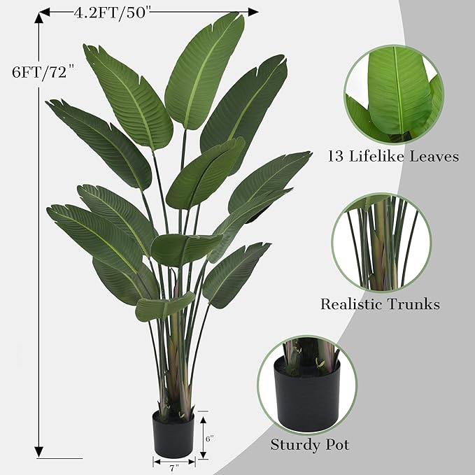 6FT Bird of Paradise Artificial Plant, 72" Tall Artificial Plants Indoor with 13 Realistic Leaves, Fake Floor Plant Faux Tropical Trees with Pot for Home Living Room Office Mall Indoor Decor