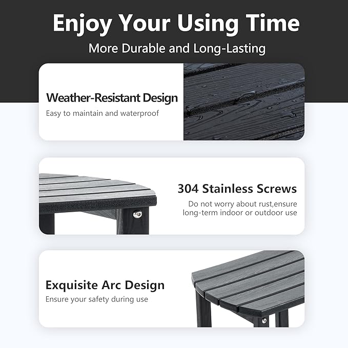 4 Chairs & 2 Tables Folding Adirondack Chair Set with Table – HDPE Weatherproof Outdoor Patio Chairs with Reclining Back and Cup Holders, 2-Tier Storage End Tables for Firepit Garden(Black)