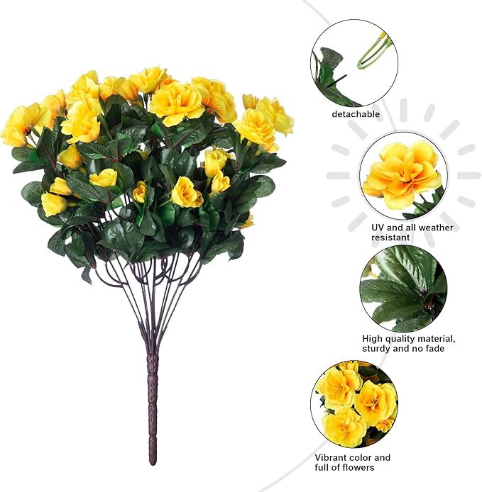 Ivydale Artificial Fake Flowers Plants for Outdoor Outside Spring Decor, Faux Silk Yellow Camellia UV Resistant Look Real for Planter Pot Porch Patio Balcony Garden Yard, 3 Large Bundles
