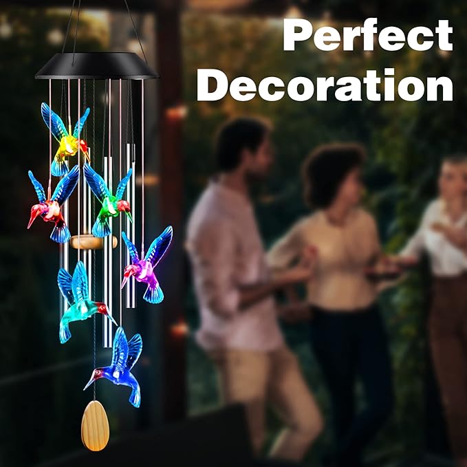 DesGully Wind Chimes,Hummingbird Solar Wind Chimes for Outside Color Changing,4 Aluminum Tubes Wind Bell for Garden/Patio Decor Thanksgiving Gifts for Mom, Wife, Grandma Neighbors(25 Inch Deep Tone)