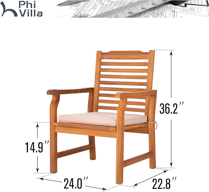 PHI VILLA 4 Pieces Acacia Wood Outdoor Dining Chairs with Cushions, Patio Wooden Armchairs Set of 4, Natural Teak Dining Chairs for Deck, Yard, Porch