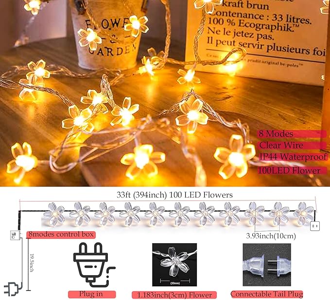 Indoor Decorative Flower String Lights , 33ft 100 LED Plug in Fairy Cherry Blossom Floral Lamp for Bedroom Window Wall Ceiling Tree Hanging, Christmas Thansgiving Easter Decorations (Warm White)