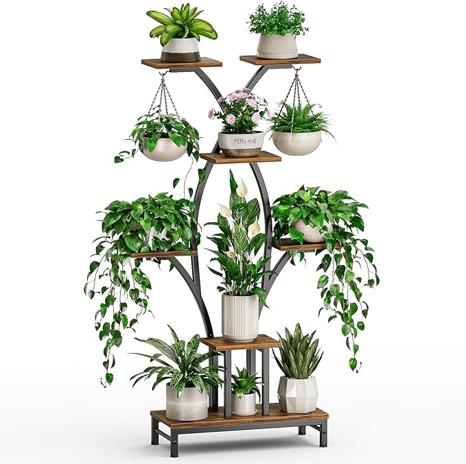VOZZYOTO Plant Stand Indoor with Grow Lights - 7 Tiered Metal Corner Shelf for Multiple Plants, 63" Corner Plant Stand for Indoor Plants, X-Shaped Plant Rack for Home, Living Room, Office & Patio Decor
