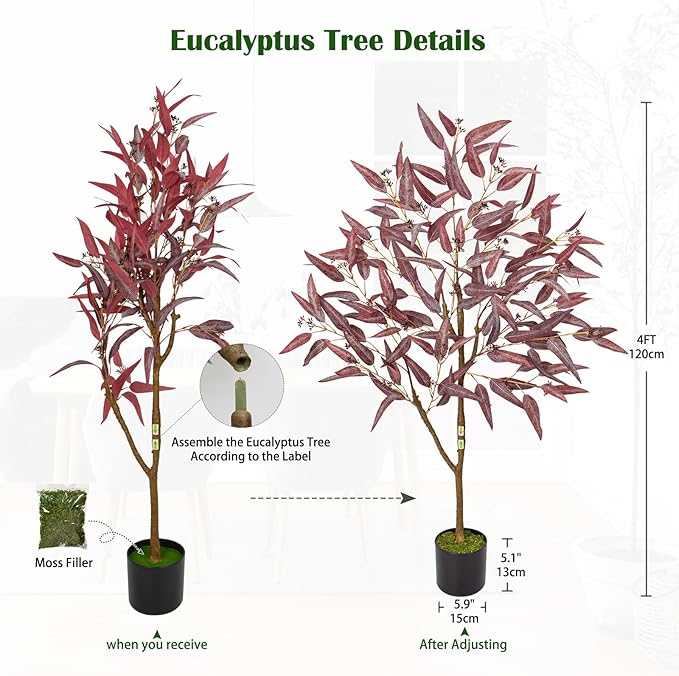 Briful 4ft Artificial Eucalyptus Tree in Black Pot, Realistic Silk Potted Floor Plant Eucalyptus Plant for Home Decor Indoor Outdoor Patio Office, Burgundy Leaf