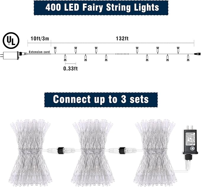 400 LED White Christmas Lights Outdoor 132ft White Christmas String Lights Clear Wire 8 Modes Plug in Twinkle Fairy Lights for Bedroom Wedding Christmas Tree Decorations
