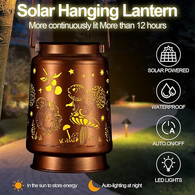 Solar Lantern Outdoor Hanging Waterproof Outside Metal Openwork Hummingbird Pattern Birthday Gifts for Women Mom Landscape Lights for Porch Garden Yard Patio Pathway Decor(Squirrel)